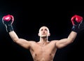 Muscular boxer in victory gesture