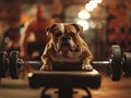 A muscular bulldog on a gym bench exudes fitness vibes, adding humor and motivation to workout scenes. This image is ideal for