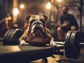 A muscular bulldog on a gym bench exudes fitness vibes, adding humor and motivation to workout scenes. This image is ideal for