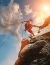 Muscular climber man in protective helmet abseiling from cliff rock wall using rope Belay device and climbing harness on evening