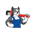 Muscular dog holding a wrench as a plumber or worker, dog character cartoon Royalty Free Stock Photo