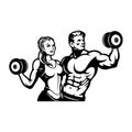 Muscular fitness girl and man with dumbbells