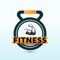 Muscular fitness logo design with dumbbell icon. Virtual CrossFit and fitness vector official logo template