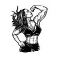 Muscular fitness long hair girl posing biceps