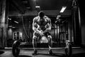 Muscular fitness man preparing to deadlift a barbell over his head in modern fitness center.Functional training.