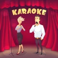 Muscular guy with Blonde girl singing Karaoke on scene. Cartoon style