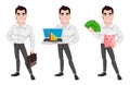 Muscular handsome businessmanYoung happy smiling business man, set of three poses. Royalty Free Stock Photo