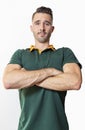 Muscular and handsome rugby player with moustache supporting movember fund raise. background