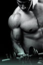 Muscular male bodybuilder doing biceps curl with dumbbell Royalty Free Stock Photo