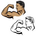 Muscular male flexing bicep arm muscle, pose with head sideways, vector illustration