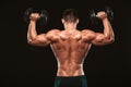 Muscular male model bodybuilder doing exercises with dumbbells, turned back. Isolated on black background with copyspace Royalty Free Stock Photo