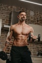 A muscular man with beard and tattoos is training biceps with dumbbells at home
