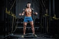 Muscular man bodybuilder training in gym with iron chain and posing Royalty Free Stock Photo