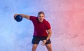 Muscular man exercise with medicine ball at health club. Fitness routine with exercise. Interactive coach concept Royalty Free Stock Photo