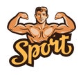 Muscular man flexes hands. vector illustration