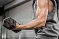 Muscular man with grey jumper lifting dumbbell Royalty Free Stock Photo