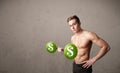 Muscular man lifting green dollar sign weights Royalty Free Stock Photo