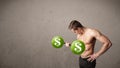 Muscular man lifting green dollar sign weights Royalty Free Stock Photo