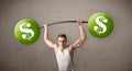 Muscular man lifting green dollar sign weights