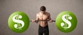 Muscular man lifting green dollar sign weights Royalty Free Stock Photo