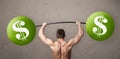 Muscular man lifting green dollar sign weights Royalty Free Stock Photo