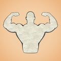 Muscular man showing biceps on beige. Silhouette of sportsman made with amino acids powder