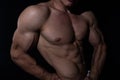 Muscular man showing muscles isolated on the black background. Concept of bodybuilding and creating your body at gym