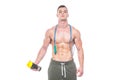Muscular man skipping rope. Portrait of muscular young man with jumping rope drinking water with over neck, isolated on Royalty Free Stock Photo