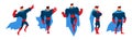 Muscular Man Superhero Character in Red and Blue Suit in Different Pose Vector Set Royalty Free Stock Photo