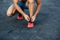 Muscular man warming up before exercise at crossfit ground doing push ups as part of training. Sport concept Royalty Free Stock Photo