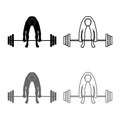 Muscular man weightlifter doing raising the barbell Sportsman raising weights silhouette icon set grey black color illustration