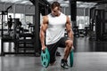 Muscular man working out in gym doing exercise, strong male bodybuilder Royalty Free Stock Photo