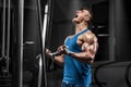 Muscular man working out in gym doing exercises at biceps, strong male Royalty Free Stock Photo