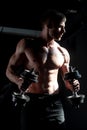 Muscular man working out in gym doing exercises with dumbbell. Muscular sexy man doing exercises with dumbbell. Sporty Royalty Free Stock Photo