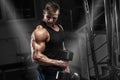 Muscular man working out in gym doing exercises with dumbbells, strong male Royalty Free Stock Photo