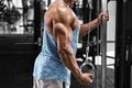 Muscular man working out in gym doing exercises at triceps, strong male