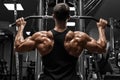 Muscular man workout in gym, doing exercise for back. Strong male rear view Royalty Free Stock Photo