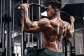 Muscular man workout in gym, doing exercise for back. Strong male rear view Royalty Free Stock Photo