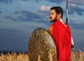 Muscular medieval warrior standing in the field