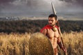 Muscular medieval warrior standing in the field