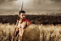 Muscular medieval warrior standing in the field