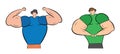Muscular men show their muscles, hand-drawn vector illustration. Black outlines and color