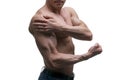 Muscular middle-aged man posing on white background, isolated studio shot