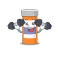 Muscular pills drug bottle mascot design with barbells during exercise