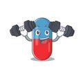 Muscular pills drug mascot design with barbells during exercise