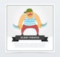 Muscular pirate, bearded filibuster with sabers scary pirates banner, flat vector ilustration