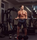 Muscular shirtless bodybuilder male lifting a barbell on a biceps in a gym. Royalty Free Stock Photo