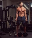 Muscular shirtless bodybuilder male lifting a barbell on a biceps in a gym. Royalty Free Stock Photo