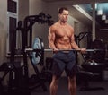 Muscular shirtless bodybuilder male lifting a barbell on a biceps in a gym. Royalty Free Stock Photo