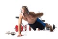 Muscular shirtless young man exercising with weights isolated Royalty Free Stock Photo
